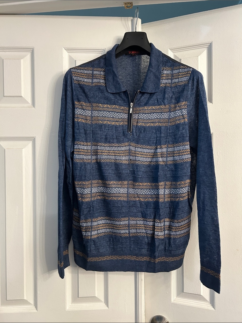 Torrid Men's Navy Zip-Up Sweater with Tan and Light Gray Stripes
